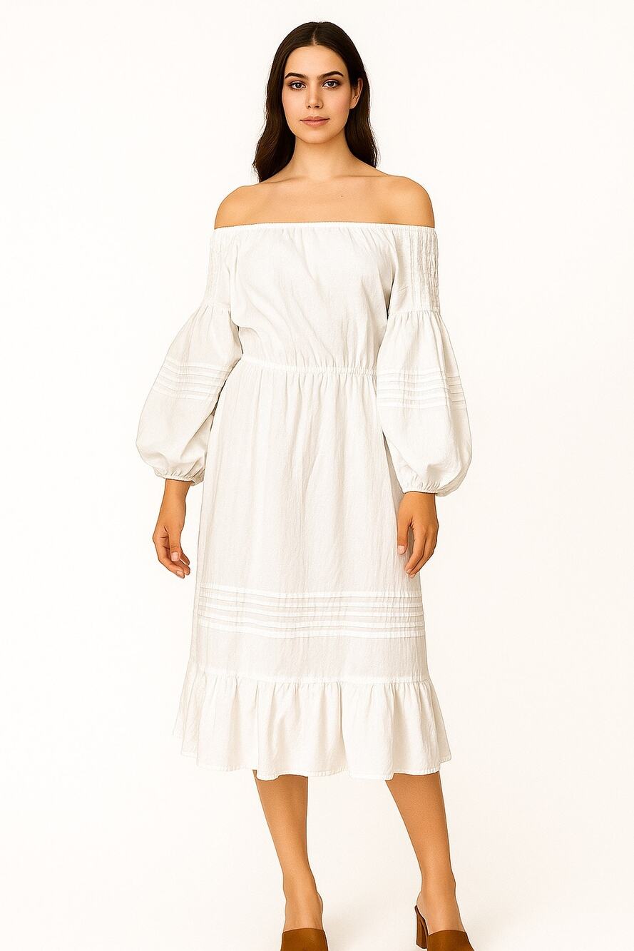 White cottagecore prairie midi on off shoulders dress big sleeves  medium